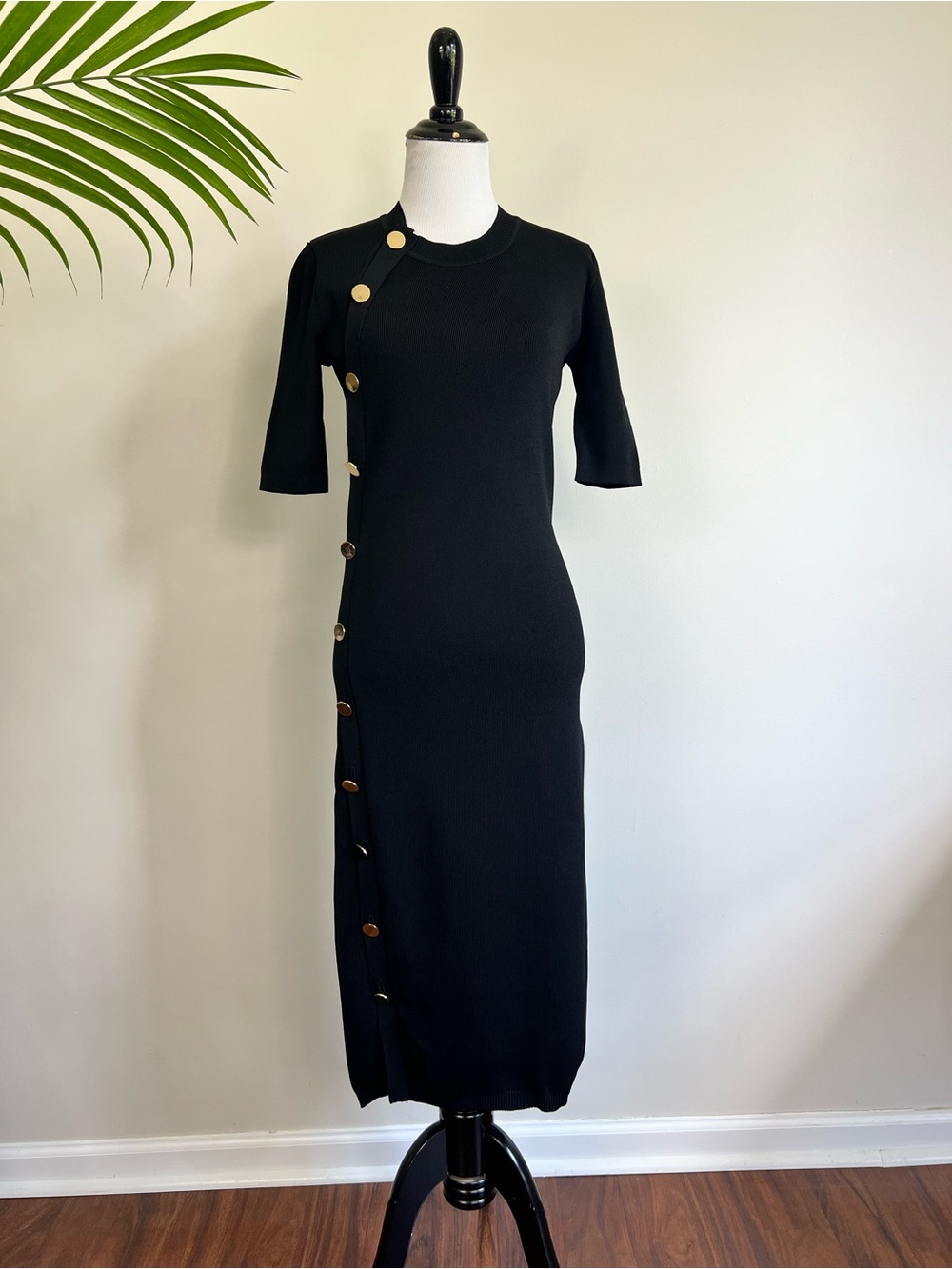 Altuzarra Black Midi Sweater Dress with Gold Accent Buttons